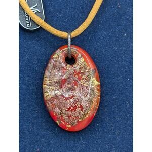 Vintage Murano Art Glass Pendant 24K Gold Fleck & Red 925 Clasps NWB